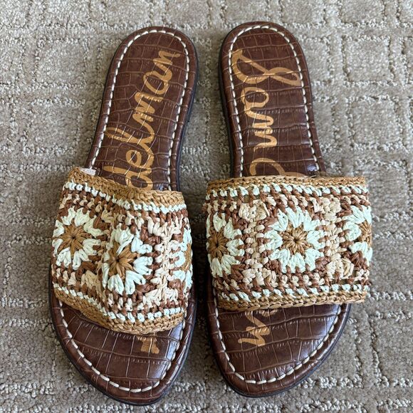 Sam Edelman Gracey Flat Sandal Women's 7 Brown Granny Square Slip-On Crochet - Picture 1 of 8